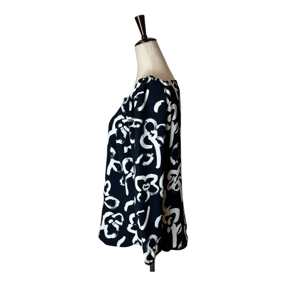 J Crew 365 Shirt Women 4‎ Navy Blue Square Neck Floral Print Blouse Preppy Retro